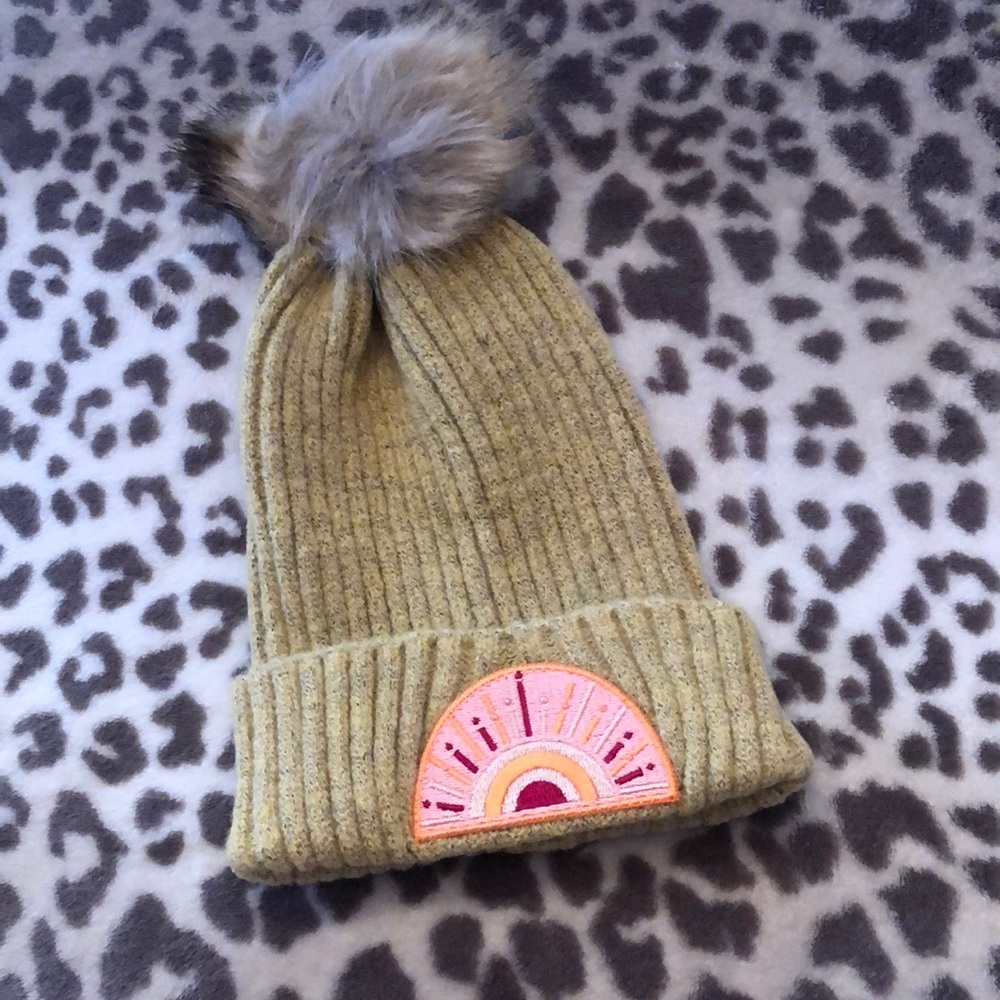 Virginia Wolf Sunray Beanie Gold Yellow Color Patch and Pom Pom One Size